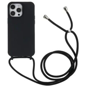 Shockproof Cover for iPhone 15 Pro Slim Case TPU Phone Shell with Long Strap - Black