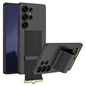 GKK For Samsung Galaxy S25 Ultra Case with Strap Kickstand PU+Hard PC Protective Phone Cover - Carbon Fiber Texture