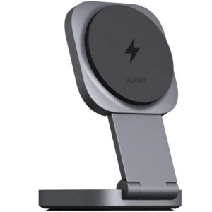 AUKEY LC-MC211 2-in-1 (Phone + Earphones) Desktop Retractable and Foldable Magnetic Wireless Charger with 1.5M C-to-C Cable, Gunmetal Color
